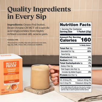 Bulletproof coffee with a mug, packaging, and nutrition facts label on a neutral background