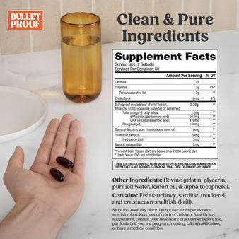 Supplement facts label with Bulletproof logo, glass of water, and hand holding capsules.