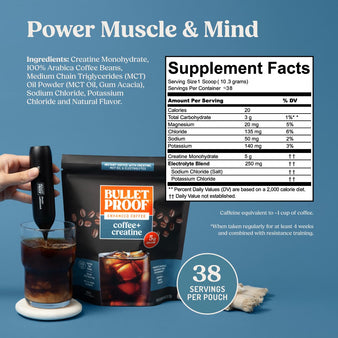Power muscle & mind. Supplement Facts and Ingredients for Bulletproof coffee + creatine. A bag of Coffee + Creatine next to a cup of coffee that is being frothed. 38 serving per pouch.