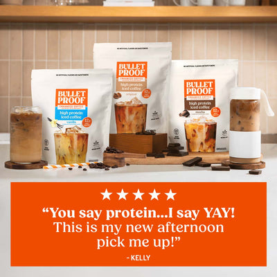 Bulletproof coffee packages and drinks on a kitchen counter with a customer quote.