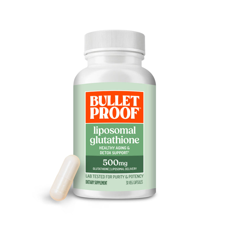 Bulletproof liposomal glutathione supplement bottle with a pill on a white background