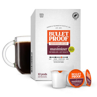 Image: Bulletproof the maximizer coffee packaging with a mug of coffee on a white background