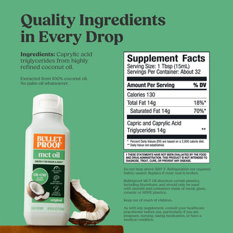 Bulletproof MCT oil bottle with supplement facts label on a green background