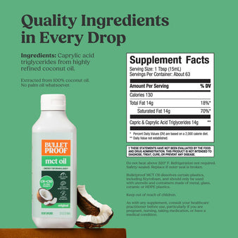 Bulletproof MCT oil bottle with supplement facts on a green background