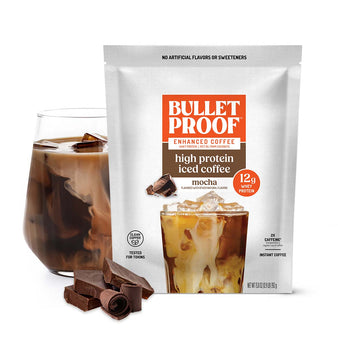 Image: Bulletproof high protein iced coffee package with a glass of iced coffee and chocolate pieces on a white background