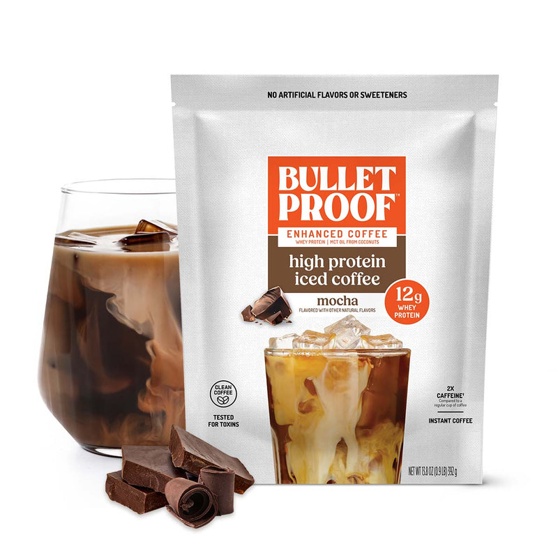 Bulletproof high protein iced coffee package with a glass of iced coffee and chocolate pieces on a white background