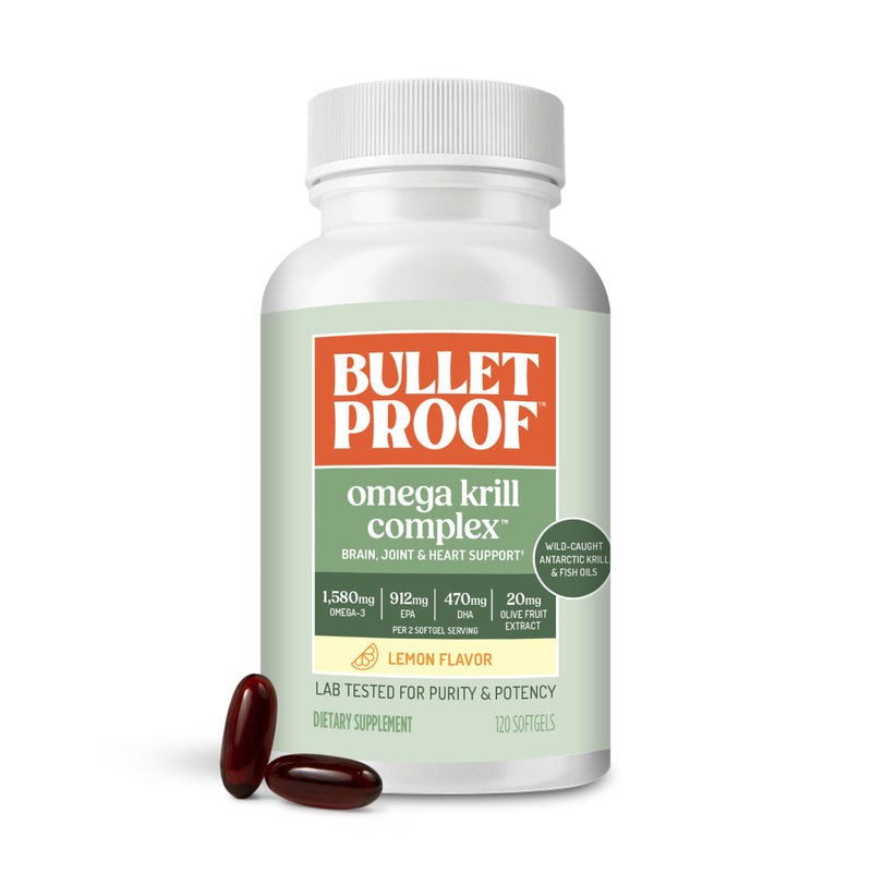 Bulletproof Omega Krill Complex supplement bottle with two capsules on a white background