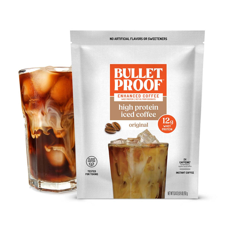 Bulletproof high protein iced coffee package with a glass of iced coffee on a white background