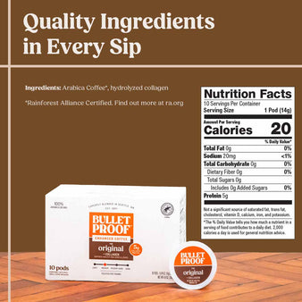 Bulletproof the original + collagen coffee pods packaging and nutrition facts panel, quality ingredients in every sip