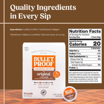 Bulletproof the original + collagen coffee pods packaging and nutrition facts panel, quality ingredients in every sip