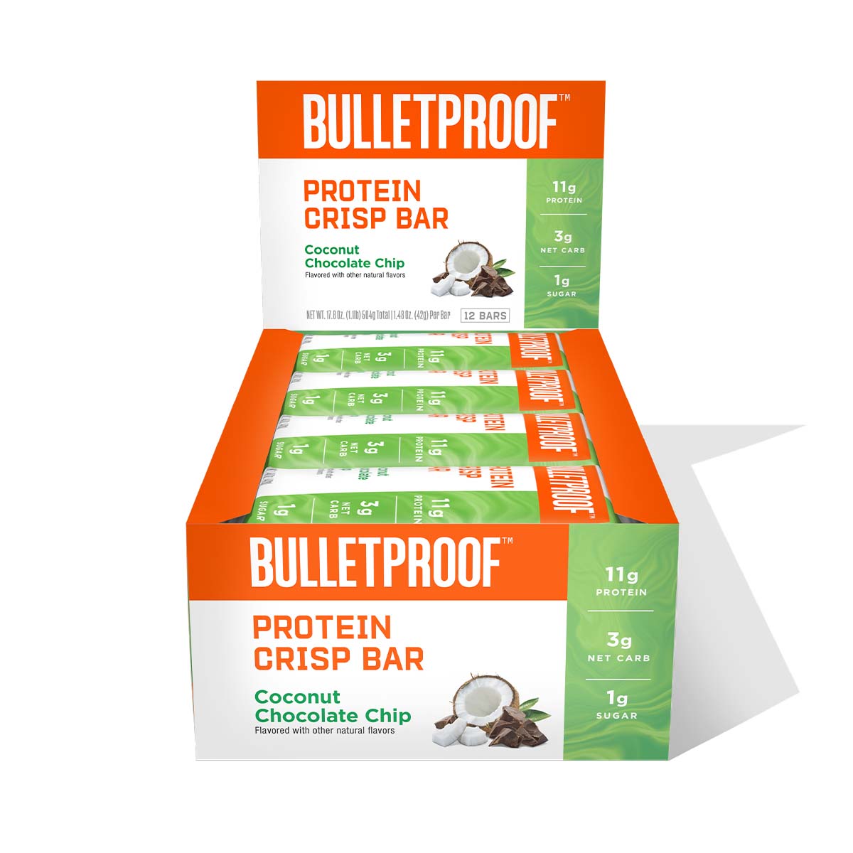 Bulletproof ブレットプルーフ  ココナッツ チョコレート プロテイン クリスプ バー 12本入り Coconut Chocolate Protein Crisp Bars 12pk Coconut Chocolate Chip Protein Crisp Bars, 12pk | Bulletproof
