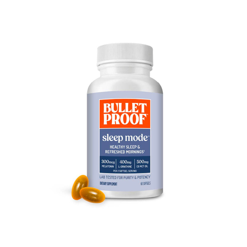 Bulletproof Sleep Mode supplement bottle with two capsules on a white background