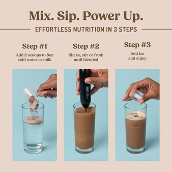 Instructions for preparing a nutritional drink with steps shown on a beige background.