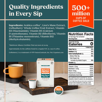 Nutrition label and ingredients list for a coffee product with a cup and package on a table.