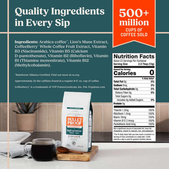Bulletproof coffee packaging with ingredients and nutrition facts displayed.