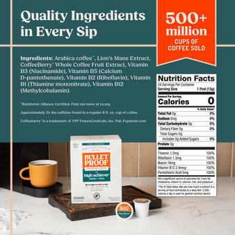 Bulletproof the high achiever coffee pods  pods packaging with nutritional information and ingredients list.
