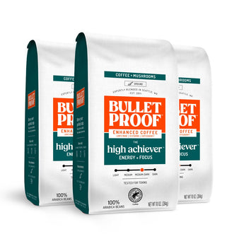 Image: Three bags of Bulletproof the High Achiever Enhanced Coffee on a white background