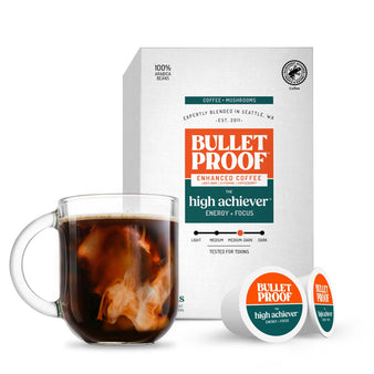 Image: Bulletproof The High Achiever coffee packaging with a mug of coffee on a white background