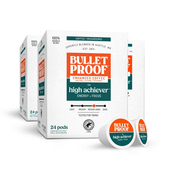 Image: Box of Bulletproof the high achiever coffee pods with two individual pods on a white background