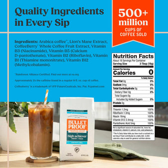 Bulletproof the high achiever cold brew coffee bag aside ingredients list and nutrition facts
