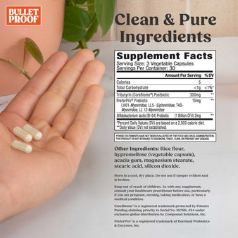Express 3-in-1 Probiotic, 90 count supplement facts. A hand holding 3 capsules.