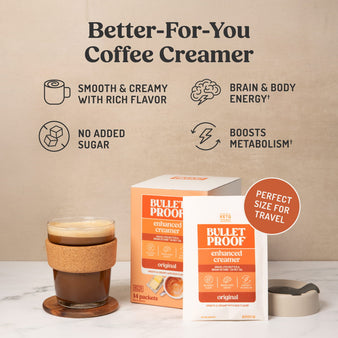 Bulletproof enhanced creamer packets on marble table with mug of coffee and benefits listed, perfect size for travel