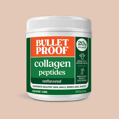 Container of Bulletproof collagen peptides on a beige background
