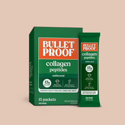 Bulletproof collagen peptides packaging on a beige background