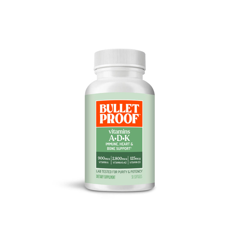 Bulletproof vitamins A-D-K supplement bottle on a white background