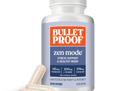Bulletproof Zen Mode supplement bottle next to 3 supplement capsules
