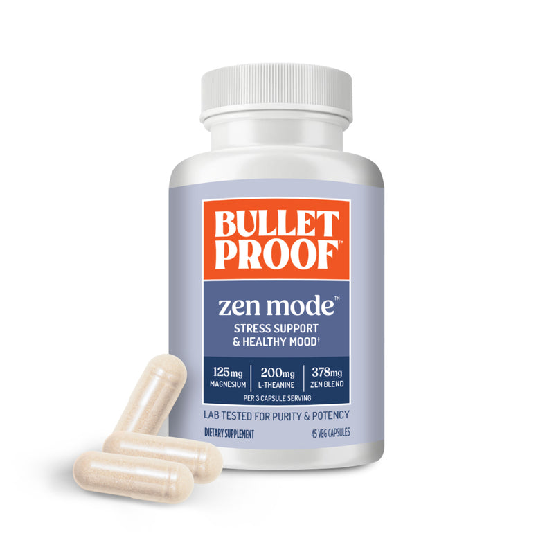 Bulletproof Zen Mode supplement bottle next to 3 supplement capsules