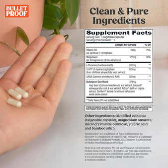 Bulletproof Zen Mode supplement facts with hand holding three supplement capsules