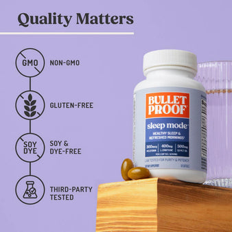 Bulletproof Sleep Mode supplement bottle with quality features listed on a purple background