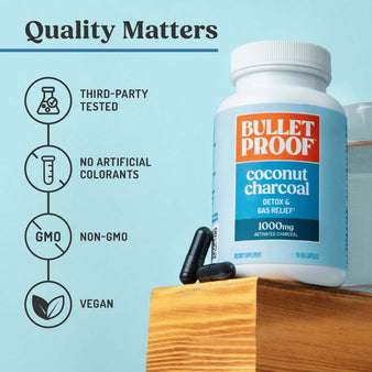 Quality matters. Benefit icons representing third-party tested, no artificial colorants, non-gmo, and vegan. A container of Bulletproof coconut charcoal next to two capsules of coconut charcoal.