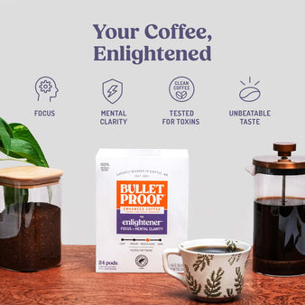 Info graph of Enlightener benefits. Package of Enlightener.
Your Coffee, Enlightened. Focus. Mental Clarity. Tested for Toxins. Unbeatable Taste. 
A pack of Bulletproof enlightener 24 ct pods next to a cup of coffee.