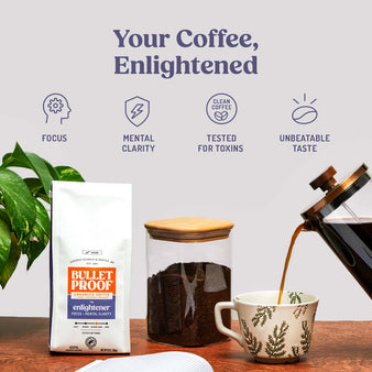 infographic of Enlightener benefits.
Your Coffee, Enlightened. 
Focus. Mental clarity. Tested for toxins. Unbeatable taste. A package of the enlightener and coffee being poured into a cup.