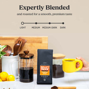 Infographic of breakfast blend roast level.
Expertly Blended and roasted for a smooth, premium taste. Breakfast Blend coffee is a light roast. A package of breakfast blend coffee with a cup of coffee next to it.