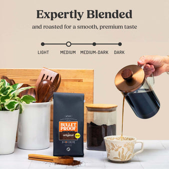 Infographic on bulletproof original coffee roast level. Infographic of bulletproof original coffee roast level.
New look, same great taste. A package of the original decaf 12 oz ground coffee and then next to it a new package of the bulletproof original decaf 12 oz ground coffee.