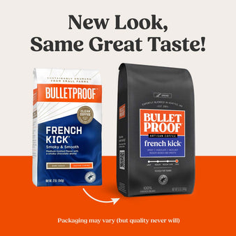 New Look, Same great taste! Packaging may vary (but quality never will). Bulletproof french kick ground coffee old package and a new package of our bulletproof french kick ground coffee 12 oz.
