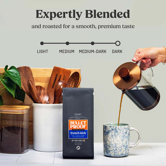 Infographic on French kick coffee roast level. Expertly Blended and roasted for a smooth, premium taste. French Kick ground coffee is a dark roast. Package of Bulletproof French Kick ground coffee next to a cup of coffee.