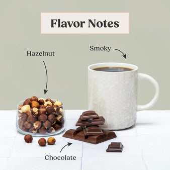 Infographic on French kick coffee flavor notes. Hazelnut, Smoky, and chocolate. A cup of coffee.