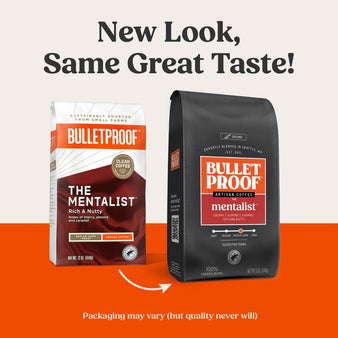 New look, same great taste! The Bulletproof Mentalist ground coffee old packaging and the new packaging of the Bulletproof mentalist ground coffee.