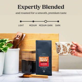 Infographic on the mentalist roast level.  Expertly Blended and roasted for a smooth, premium taste. The Mentalist coffee is a medium-dark roast. Packaging of the mentalist coffee next to a hand holding a coffee mug.