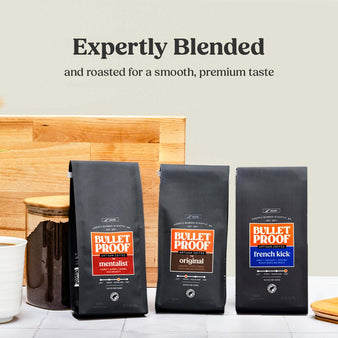Image of bulletproof coffee packages, French Kick, The Mentalist, and Original. Expertly Blended and roasted for a smooth, premium taste. Bulletproof french kick ground coffee, the original ground coffee and the mentalist ground coffee.