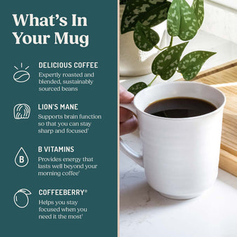 Infographic on high achiever ingredients.
What's in your mug. Delicious coffee, expertly roasted and blended, sustainably sourced beans. Lion's mane, supports brain function so that you can stay sharp and focused. B Vitamins, provides energy that lasts well beyond your morning coffee. Coffeeberry, helps you stay focused when you need it the most. A cup of coffee.