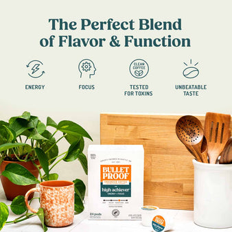 Infographic of high achiever™  benefits.
The Perfect Blend of Flavor & Function. Energy, focus, tested for toxins, and unbeatable taste. Cup of coffee next to a box of Bulletproof High Achiever™ coffee pods.