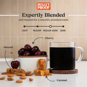 Expertly Blended and roasted for a smooth, premium taste. A medium-dark roast. Images of the flavor for the coffee. Cherry, almond, and caramel. A cup of coffee.