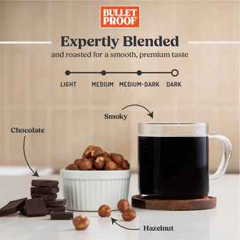 Expertly blended and roasted for a smooth, premium taste. A dark roast coffee. Images to represent the flavor of the coffee. Smoky, chocolate, and hazelnut. A cup of coffee.