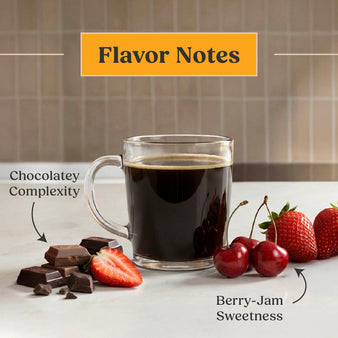Flavor notes. Chocolatey complexity, berry-jam sweetness images. a cup of coffee.