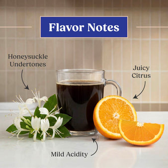 Flavor notes. Honeysuckle undertones, mild acidity, and juicy citrus. a cup of coffee.
